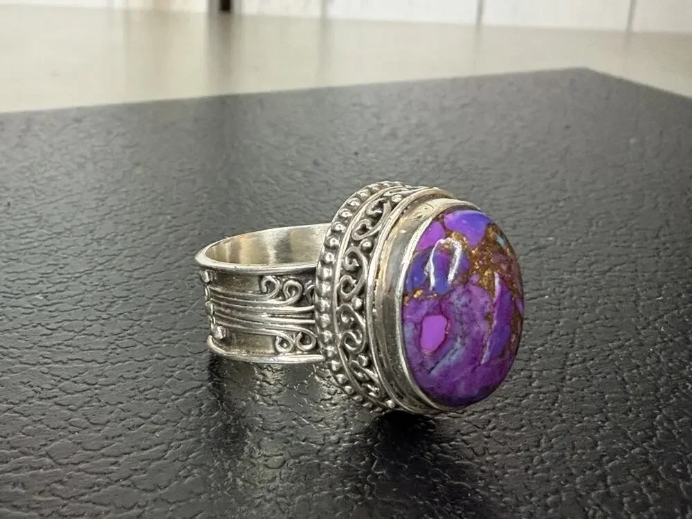 Purple Copper Turquoise Gemstone Ring 925 Sterling Silver Ring Scroll Band 8.5